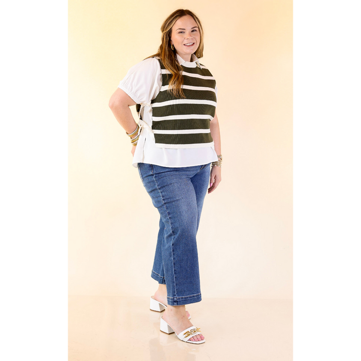 Tied Up in Style Knit Sweater with Side Ties in Olive Green with Off White Stripes