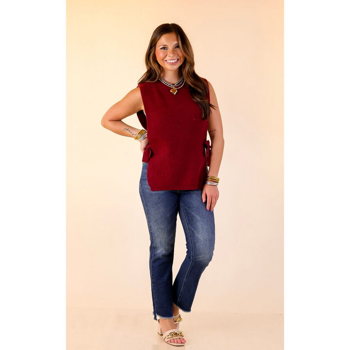 Tied and True Knit Sweater with Side Ties in Maroon
