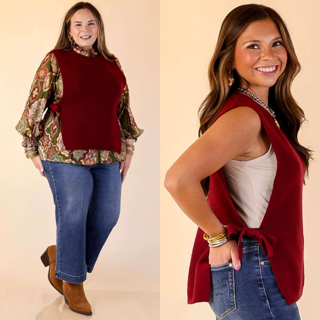 Women wearing a maroon vest over a floral top and jeans, with another image of her wearing the red vest over a white top and jeans.
