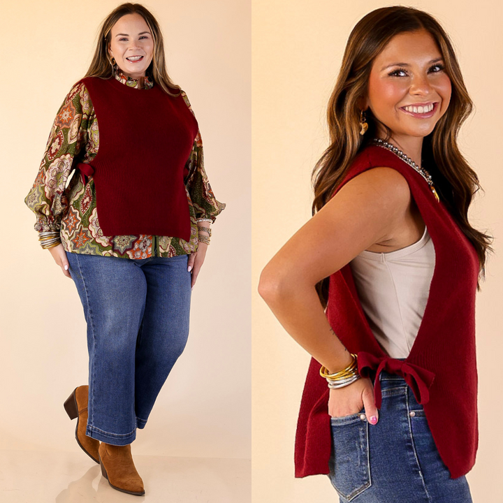 Women wearing a maroon vest over a floral top and jeans, with another image of her wearing the red vest over a white top and jeans.