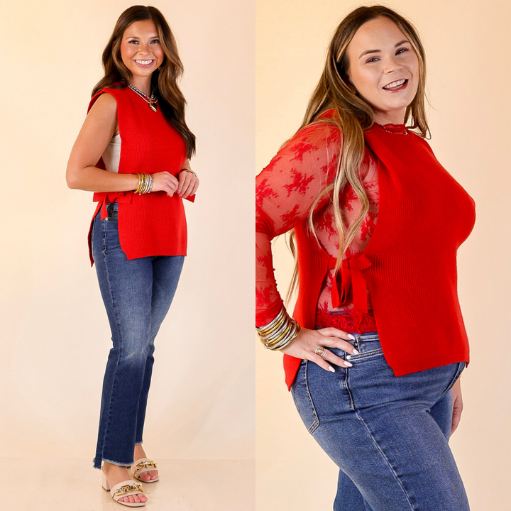 Two women wearing red sweater bow tie top and blue jeans on a beige background