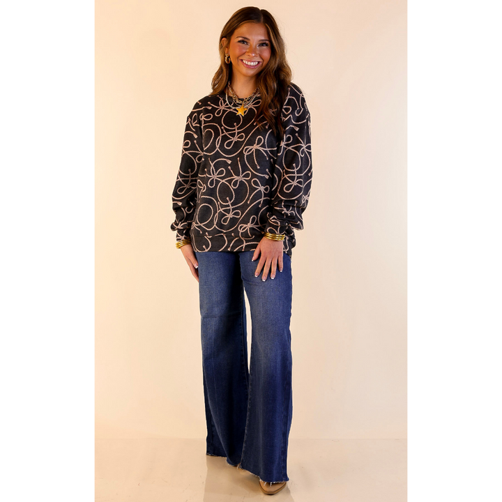 Tied with Grace Super Soft Brushed Long Sleeve Sweatshirt with Rope and Bow Design in Black