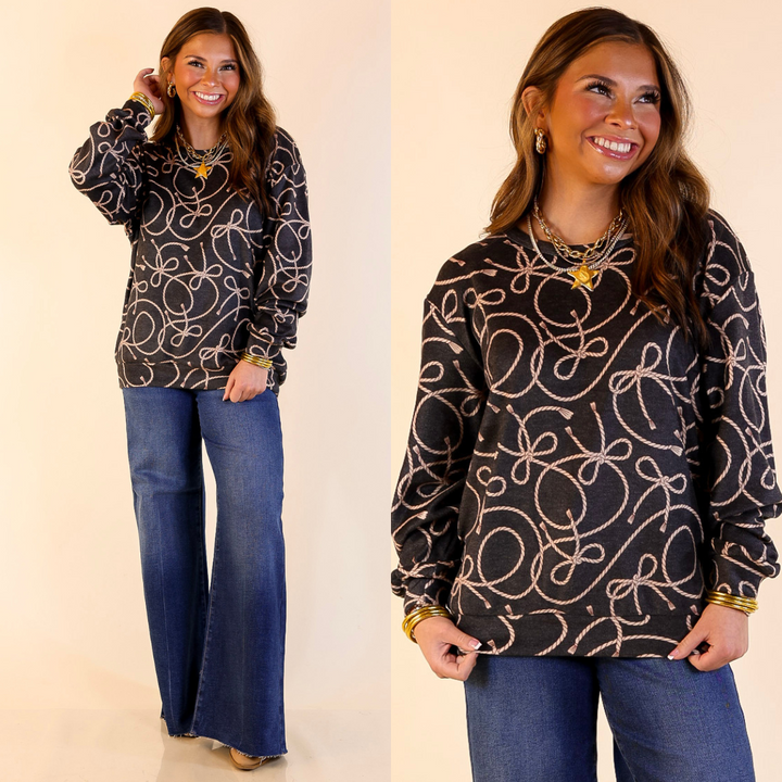 Tied with Grace Super Soft Brushed Long Sleeve Sweatshirt with Rope and Bow Design in Black