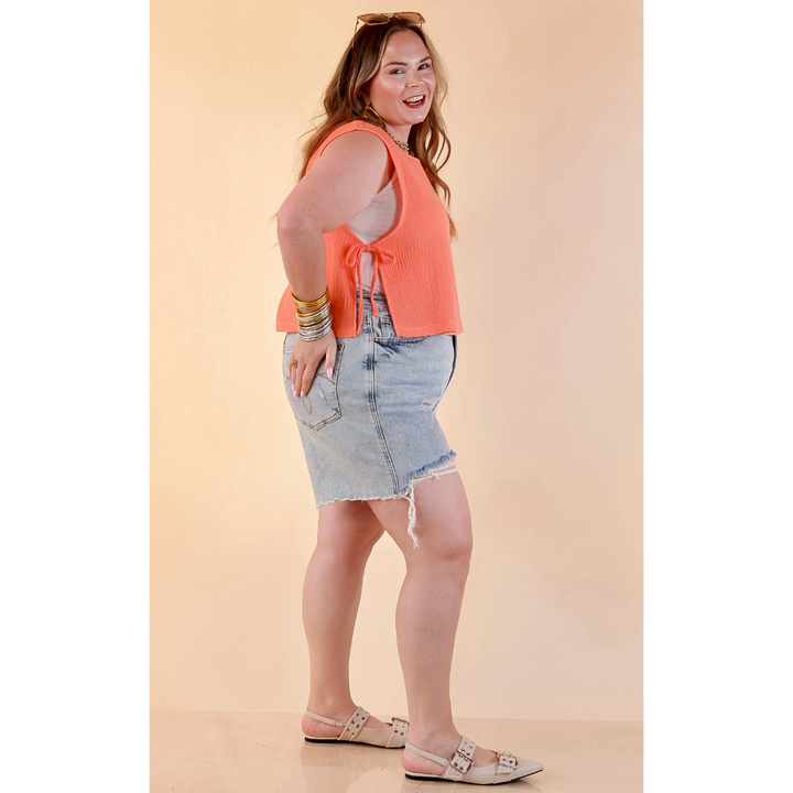 Tie it Together Sleeveless Linen Tank Top with Side Tie Detail in Coral Orange