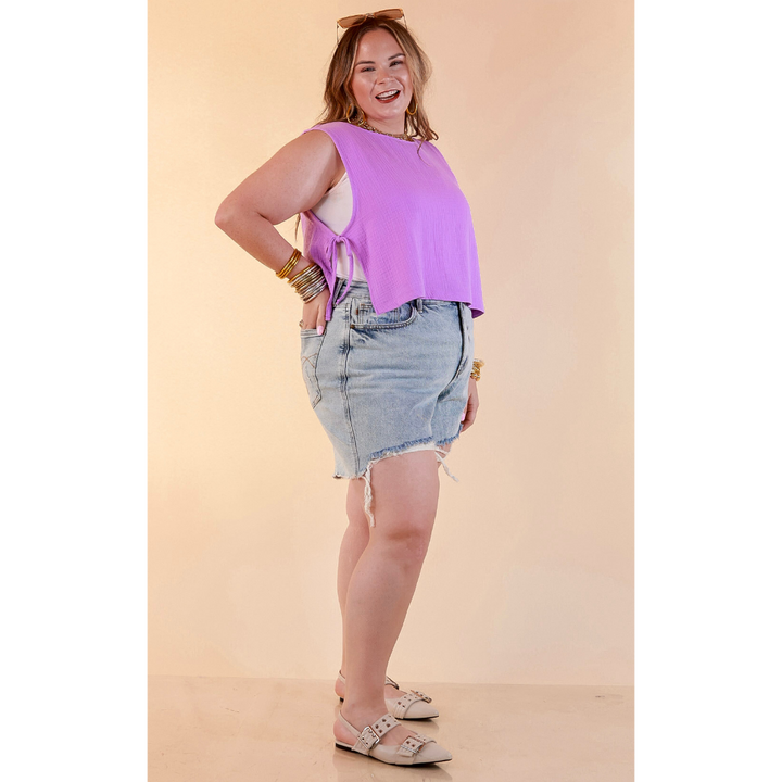 Tie it Together Sleeveless Linen Tank Top with Side Tie Detail in Lavender Purple