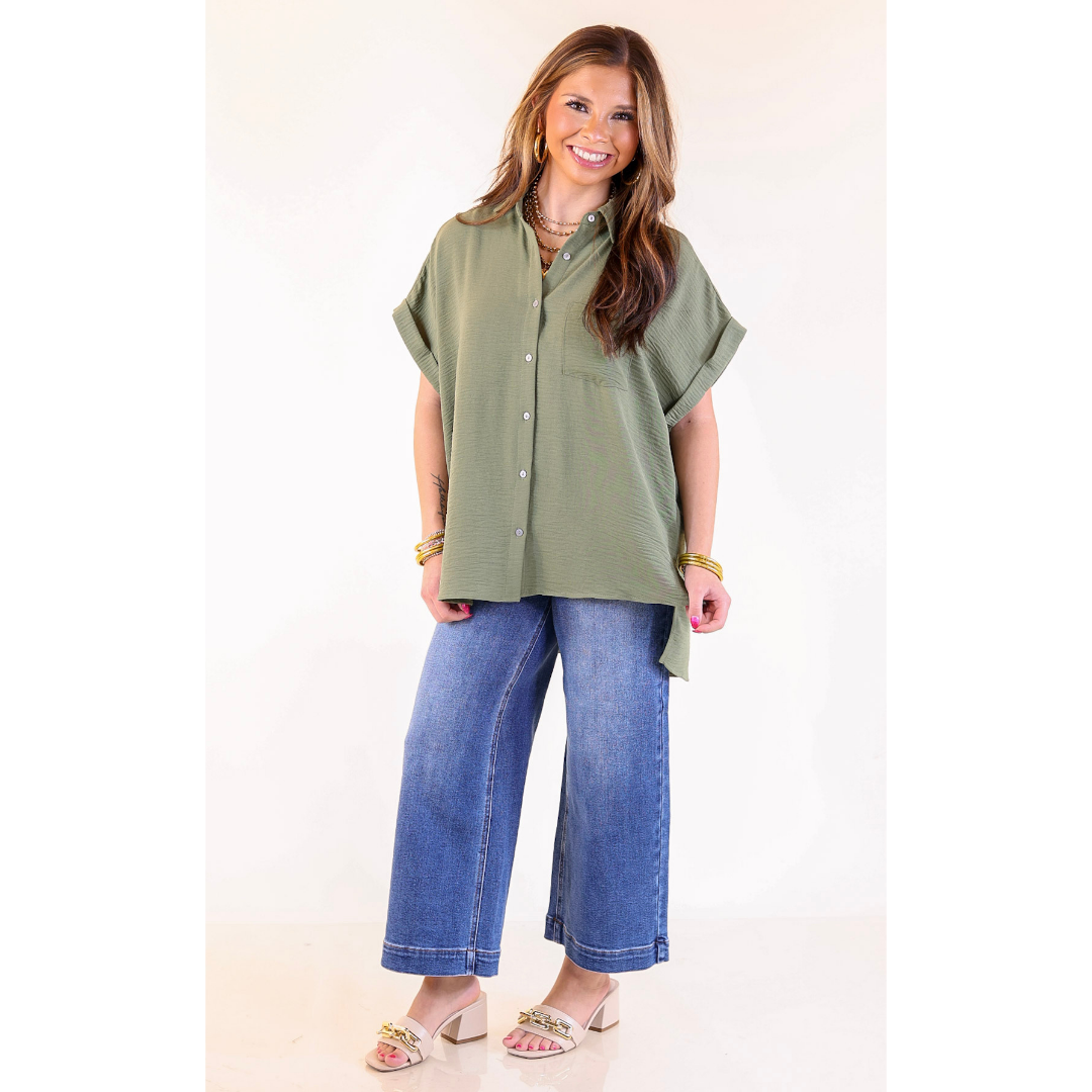Timeless Appeal Collared Button Up Top in Olive Green