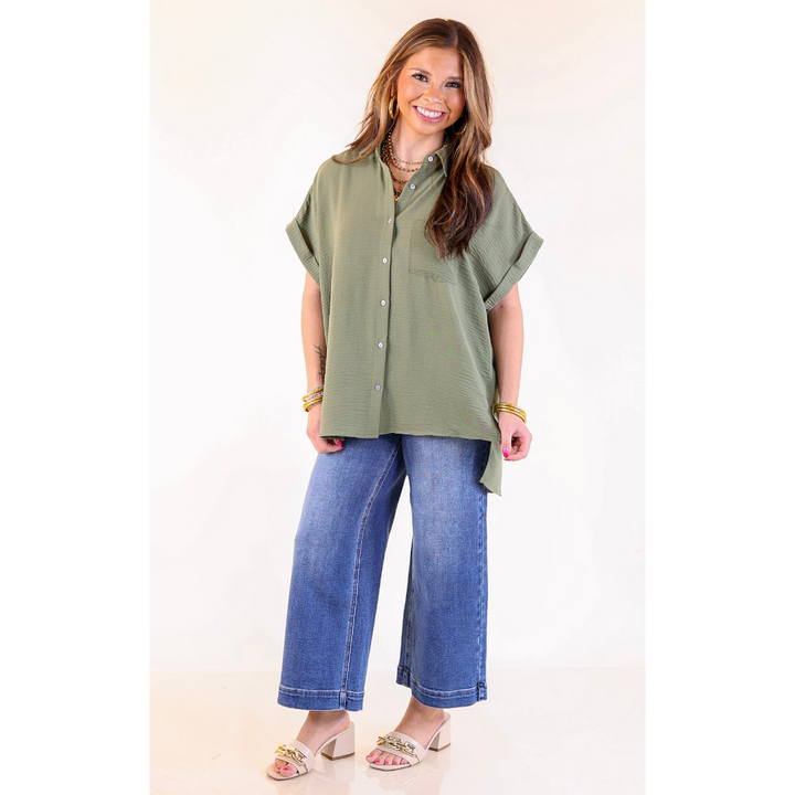 Timeless Appeal Collared Button Up Top in Olive Green