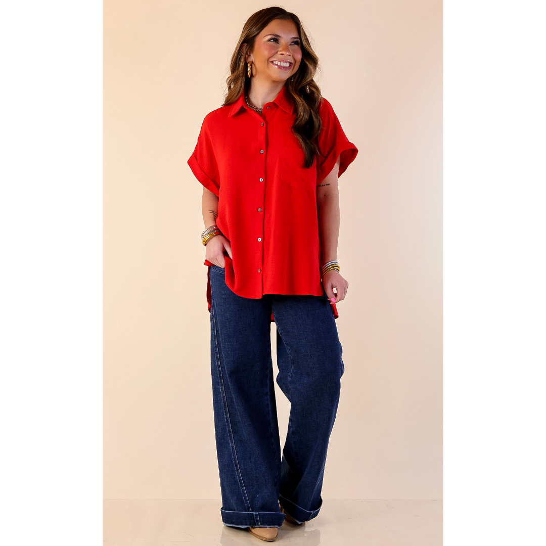 Timeless Appeal Collared Button Up Top in Red