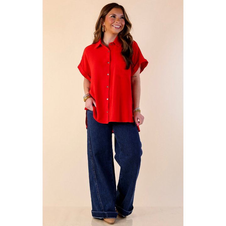 Timeless Appeal Collared Button Up Top in Red