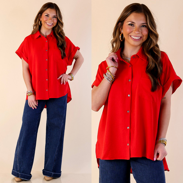 Timeless Appeal Collared Button Up Top in Red