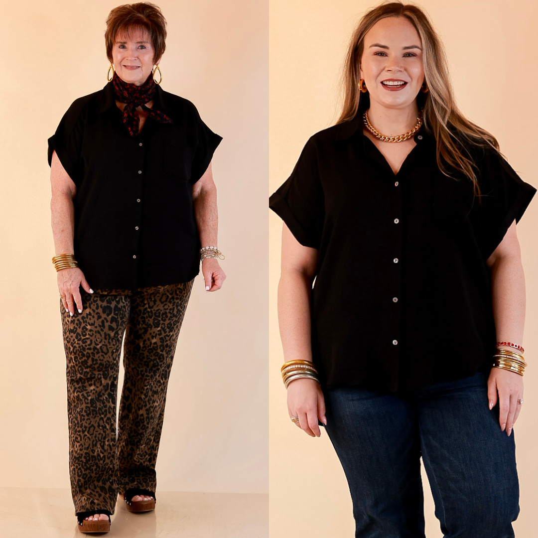 Timeless Appeal Woven Airflow Button Front Top with Rolled Cuff Short Sleeves and Front Pocket in Black