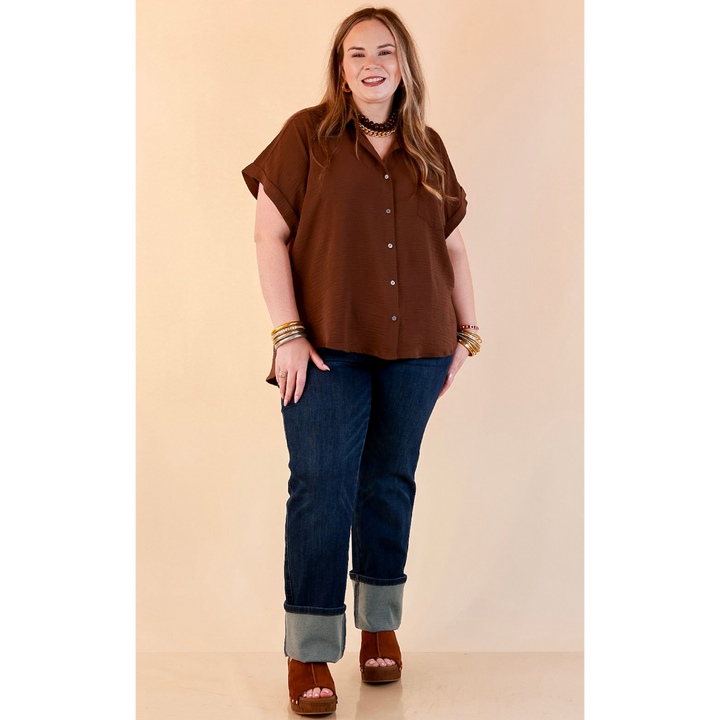 Timeless Appeal Woven Airflow Button Front Top with Rolled Cuff Short Sleeves and Front Pocket in Chocolate Brown