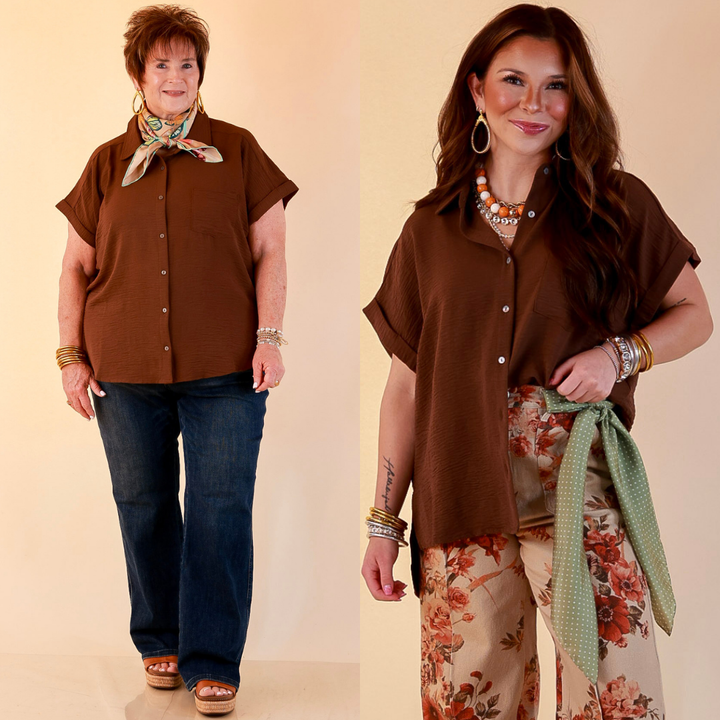 Timeless Appeal Woven Airflow Button Front Top with Rolled Cuff Short Sleeves and Front Pocket in Chocolate Brown