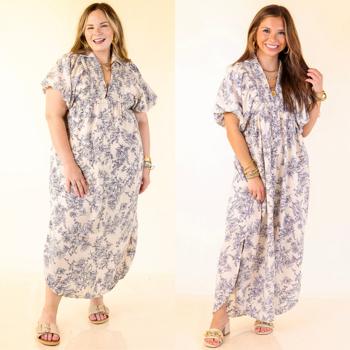 Two images of a woman wearing a floral dress on a plain background