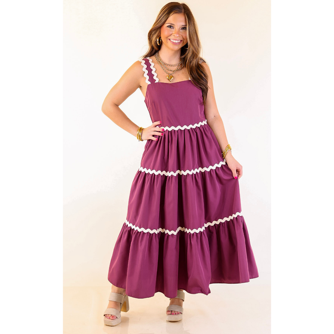 Timeless Twirl Midi Dress with Rickrack Detailing in Plum Maroon