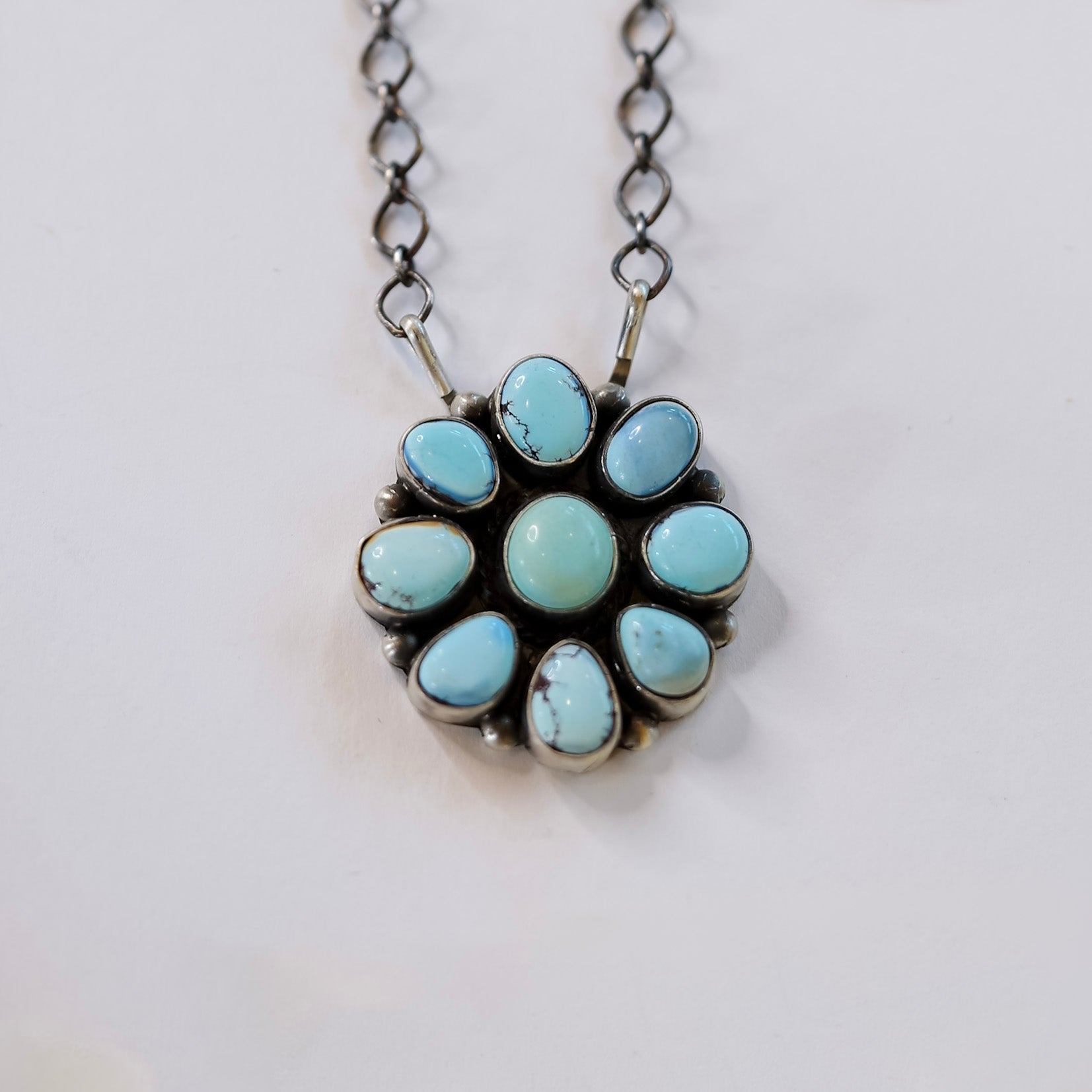 Timothy Yazzie | Navajo Handmade Sterling Silver Stone Cluster Pendant Necklace in Golden Hills Turquoise