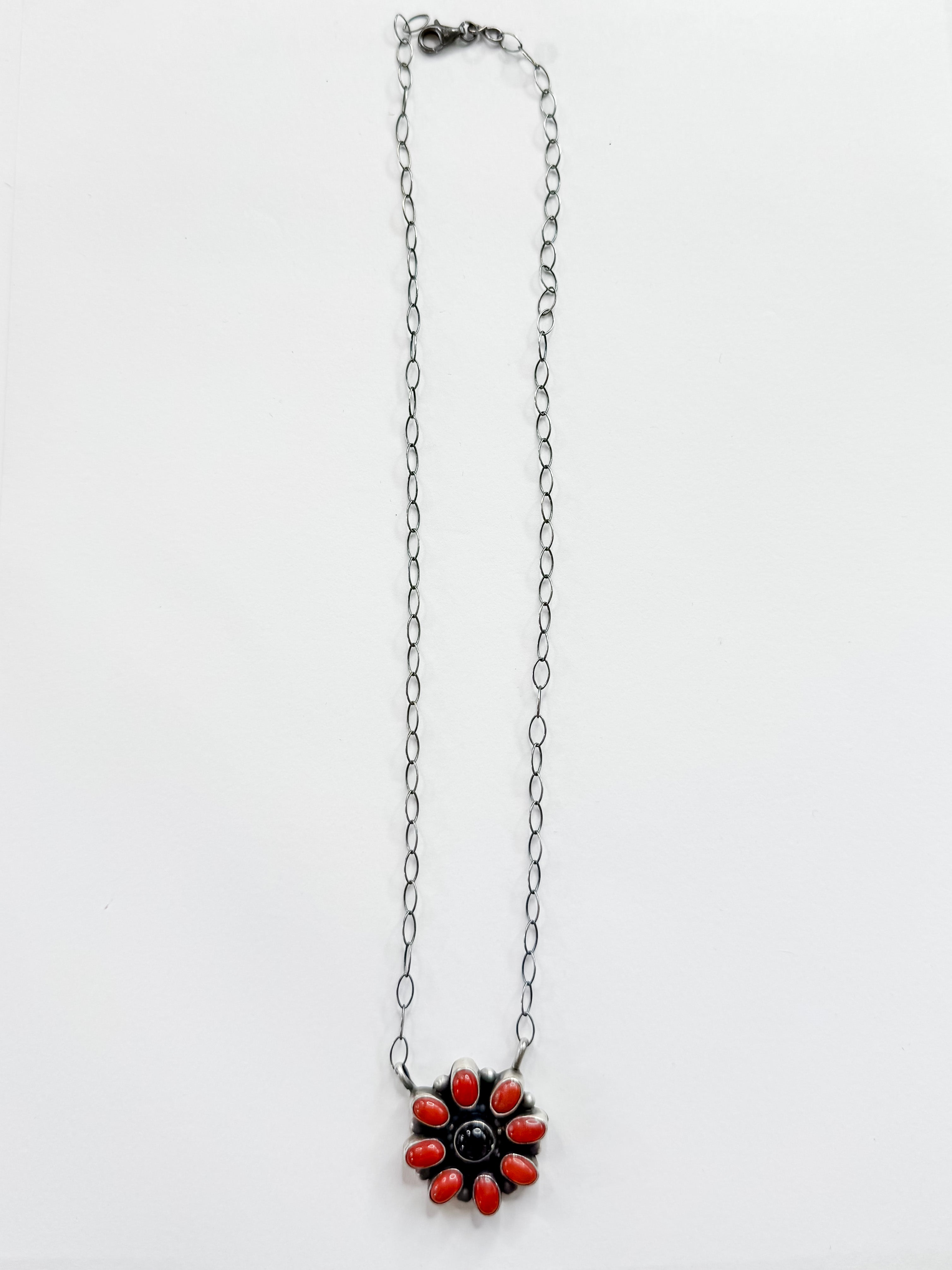 Timothy Yazzie | Navajo Handmade Sterling Silver Stone Flower Pendant Necklace in Red Coral and Onyx