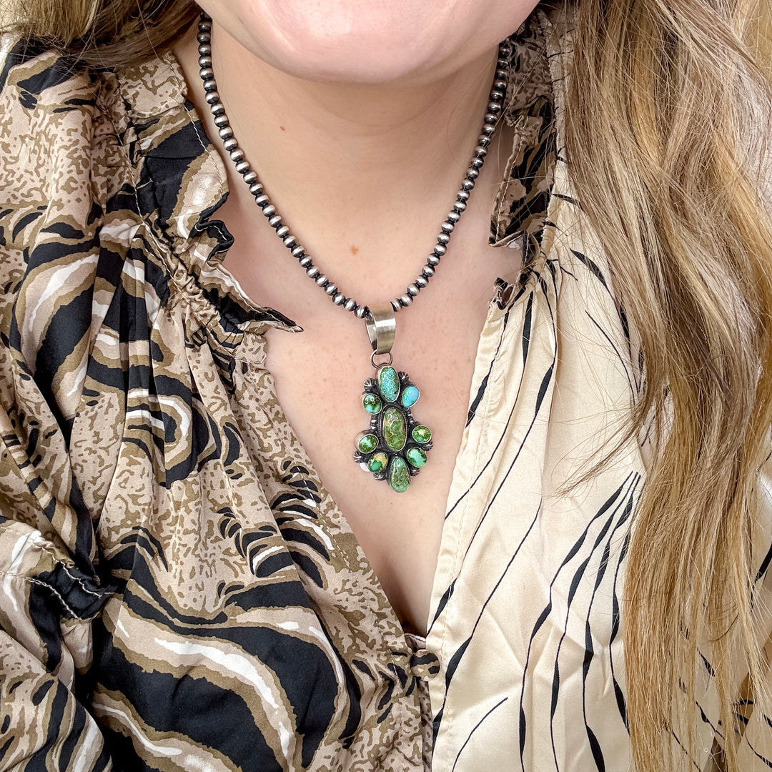 Marie Tsosie | Navajo Handmade Sterling Silver Necklace Pendant with Sonoran Gold Turquoise Stones