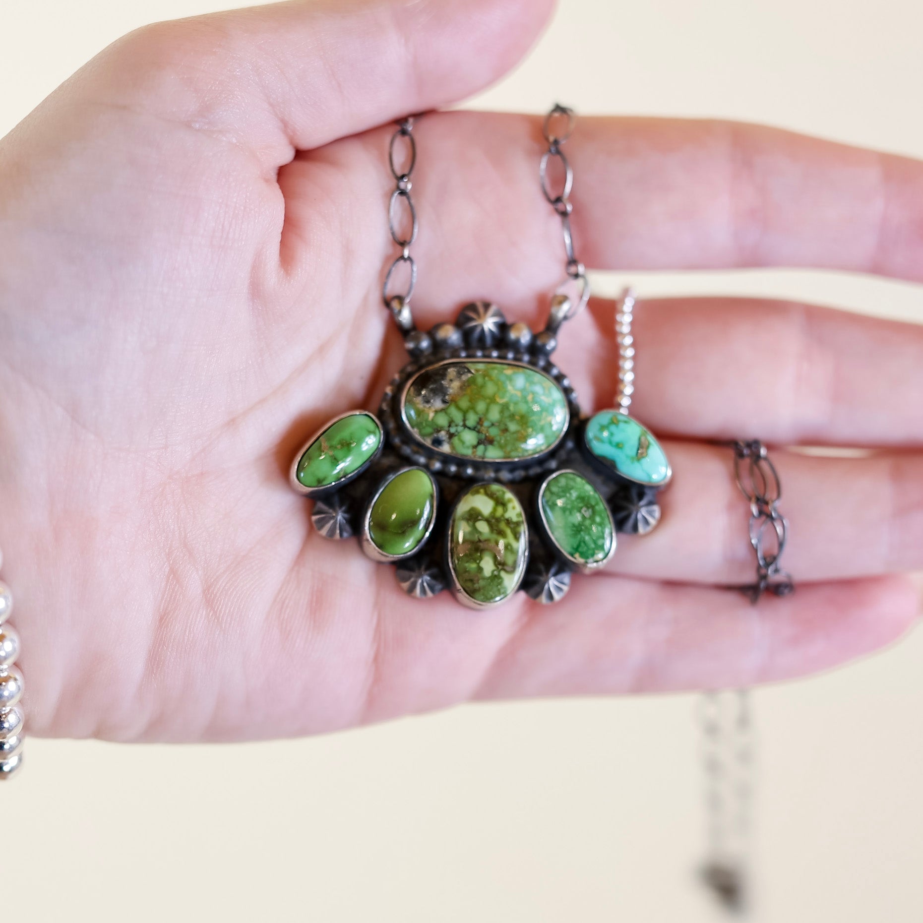 Timothy Yazzie | Navajo Handmade Sterling Silver Stone Cluster Pendant Necklace in Sonoran Gold Turquoise