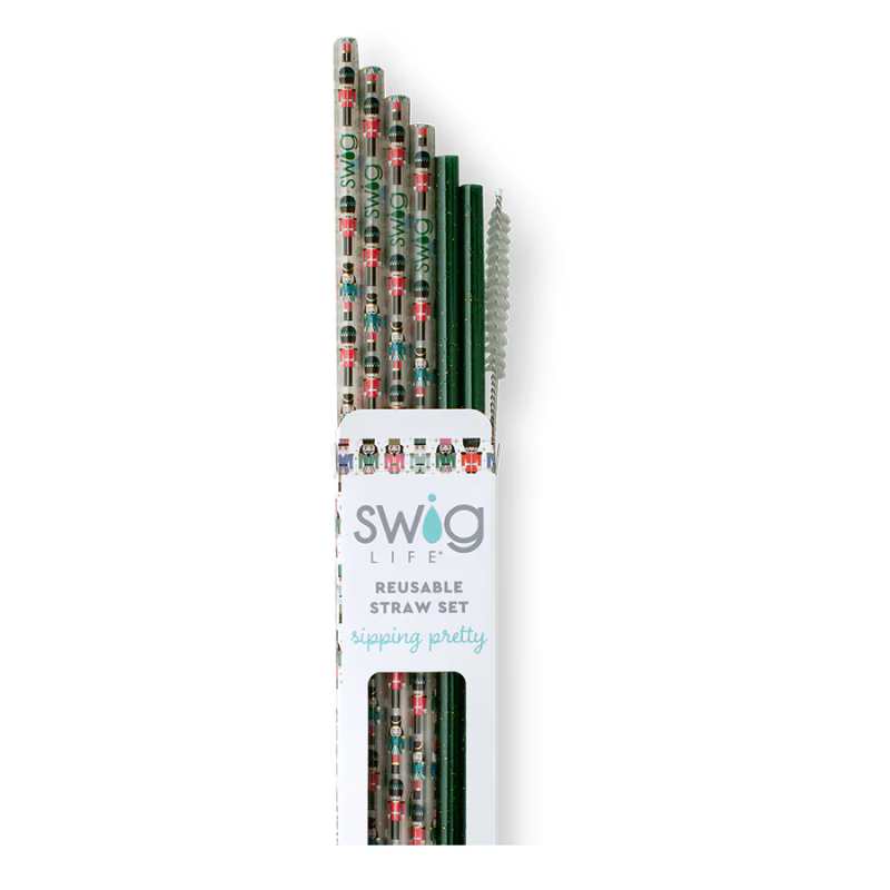 Swig | Classic Nutcracker + Green Glitter Reusable Straw Set