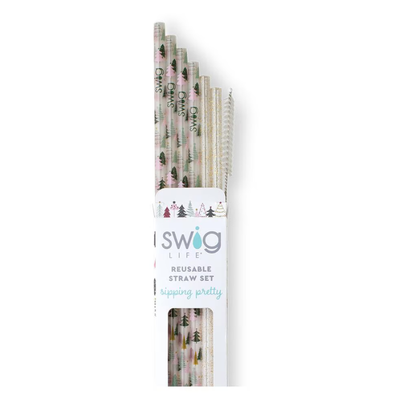 Swig | Tinseled Trees + Gold Glitter Reusable Straw Set