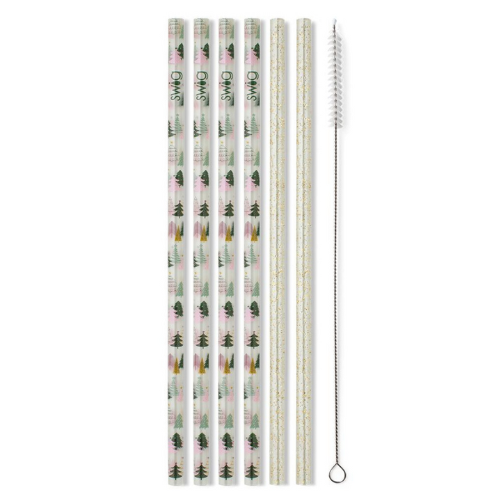 Swig | Tinseled Trees + Gold Glitter Reusable Straw Set