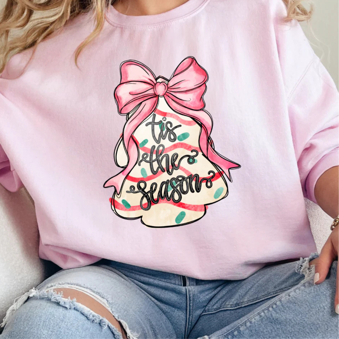 Online Exclusive | Tis the Season Pink Bow Christmas Tree Cookie Graphic Sweatshirt in Pink