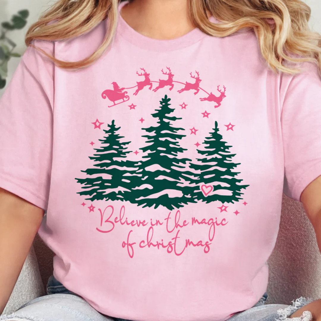 Online Exclusive | Believe in the Magic of Christmas Reindeer and Christmas Tree Graphic Tee in Pink