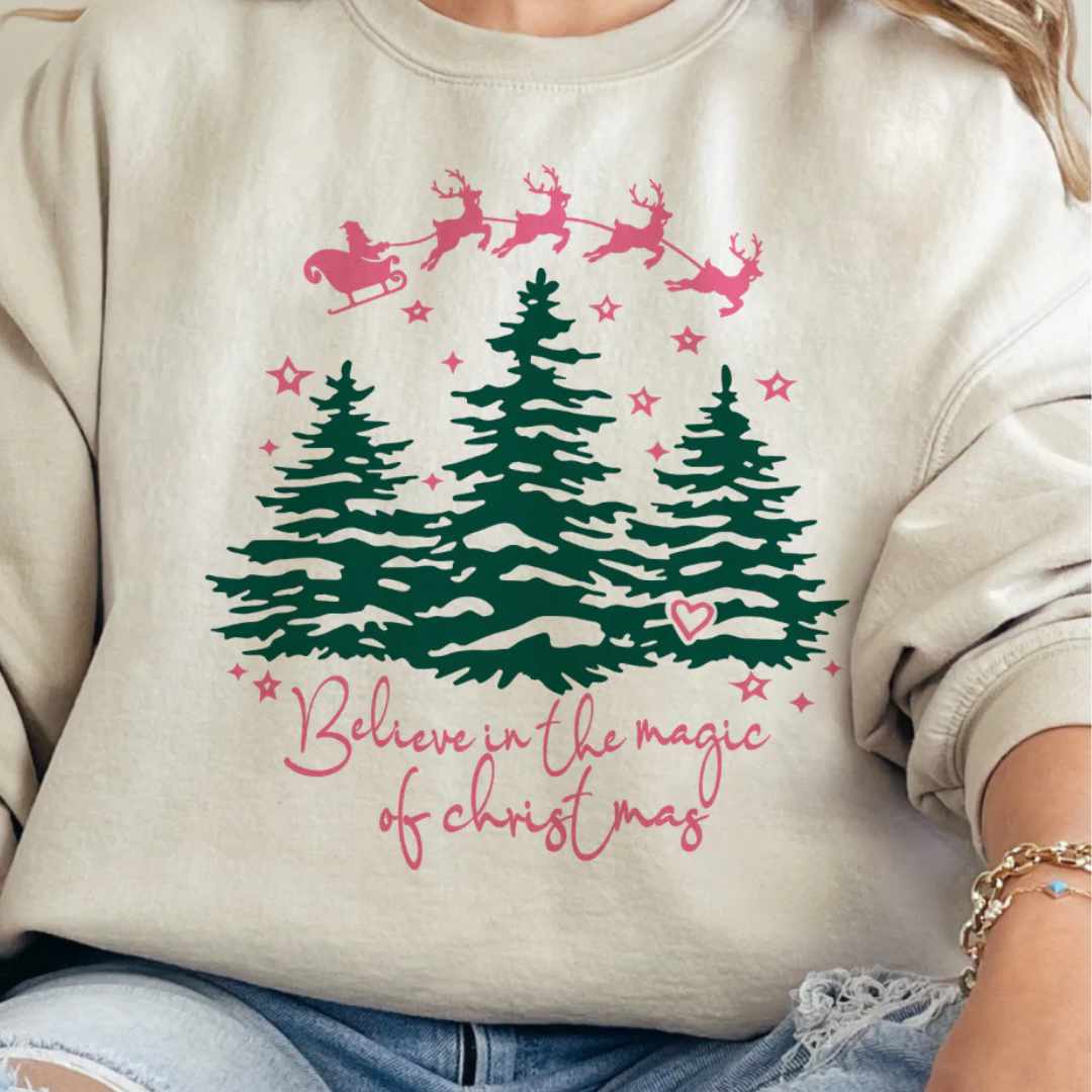 Online Exclusive | Believe in the Magic of Christmas Reindeer and Christmas Tree Graphic Sweatshirt in Cream