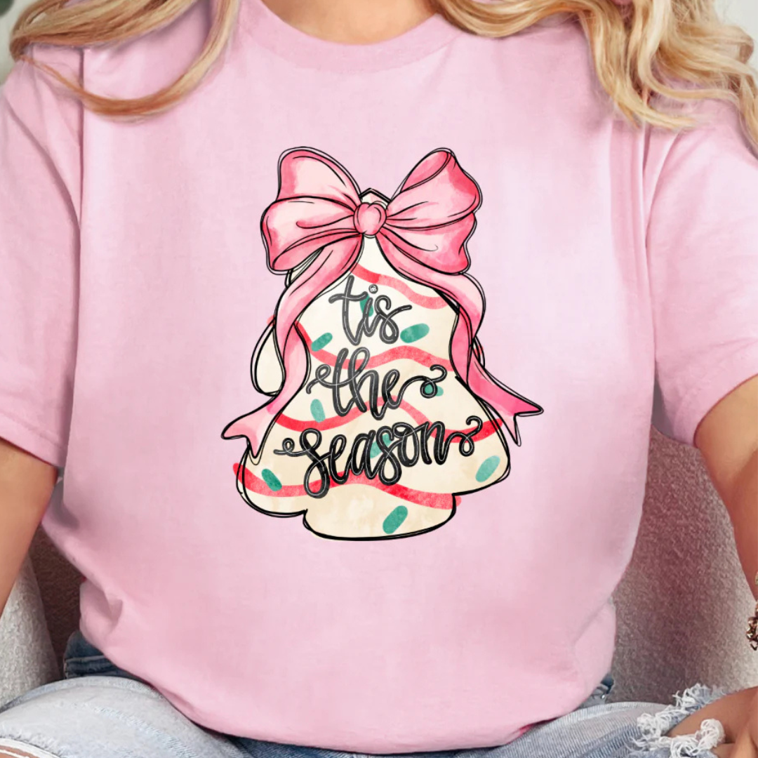 Online Exclusive | Tis the Season Pink Bow Christmas Tree Cookie Graphic Tee in Pink