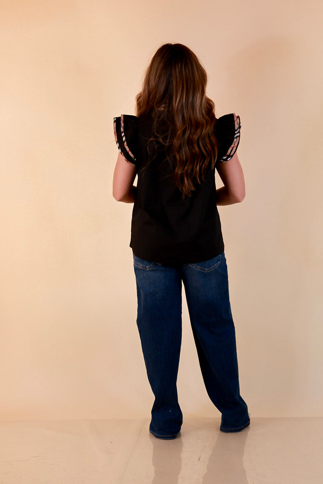 Top Notch plaid trim split neck top with ruffle sleeves in black