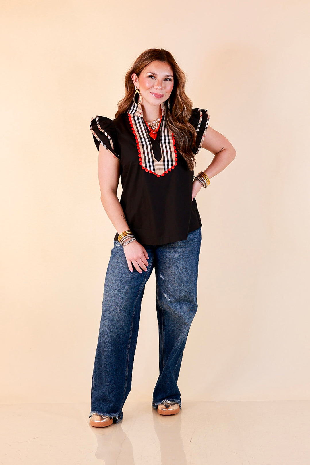 Top Notch plaid trim split neck top with ruffle sleeves in black