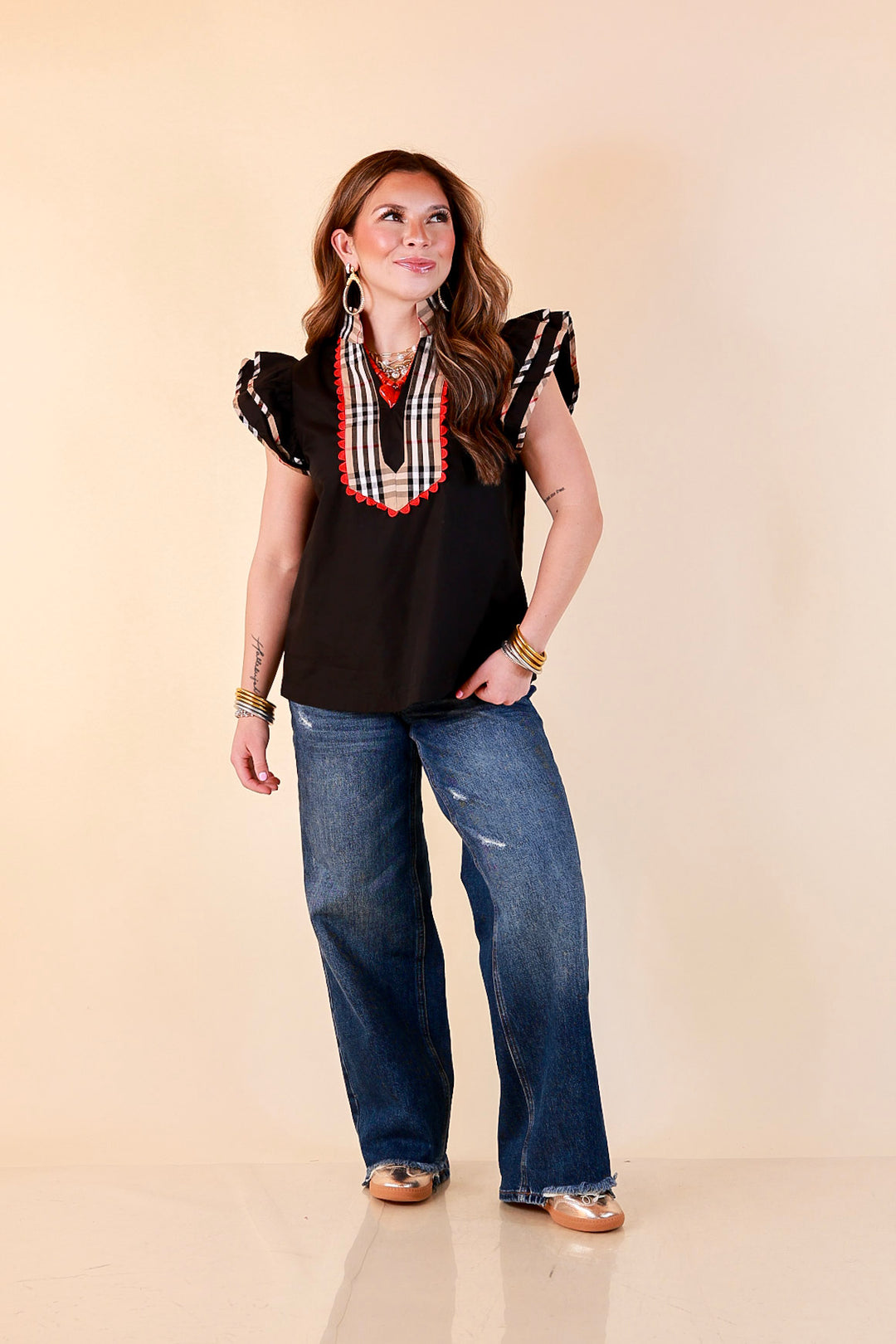 Top Notch plaid trim split neck top with ruffle sleeves in black