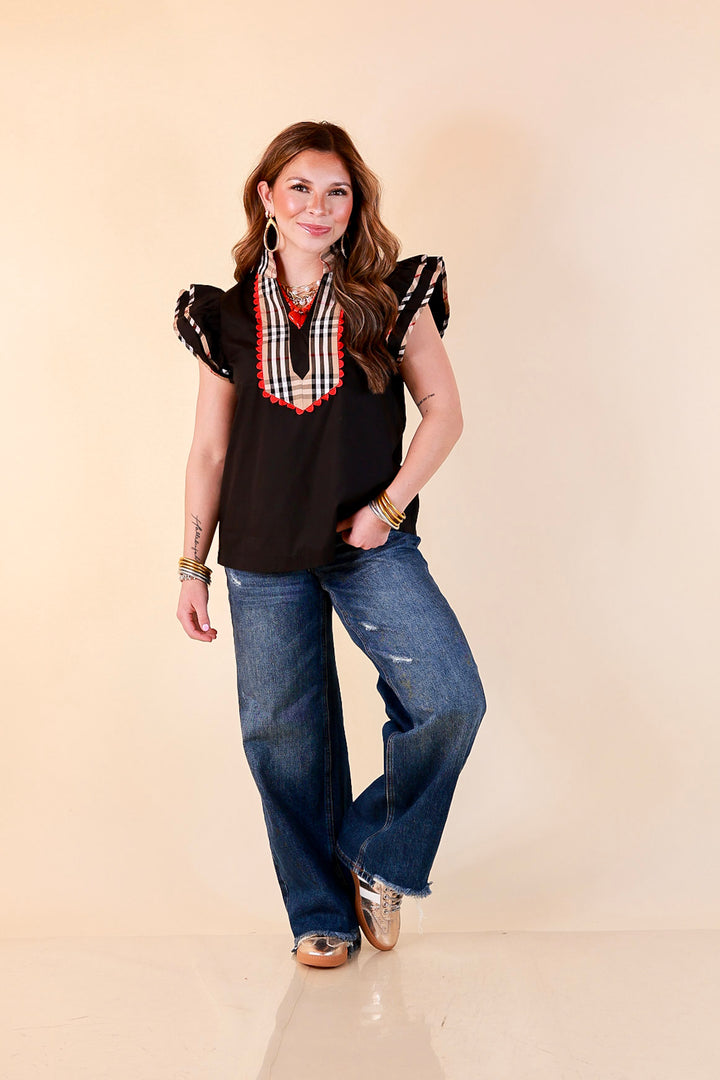 Top Notch plaid trim split neck top with ruffle sleeves in black