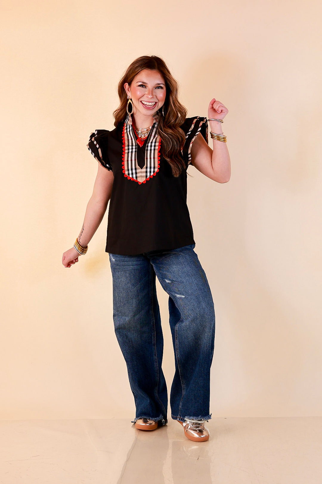Top Notch plaid trim split neck top with ruffle sleeves in black