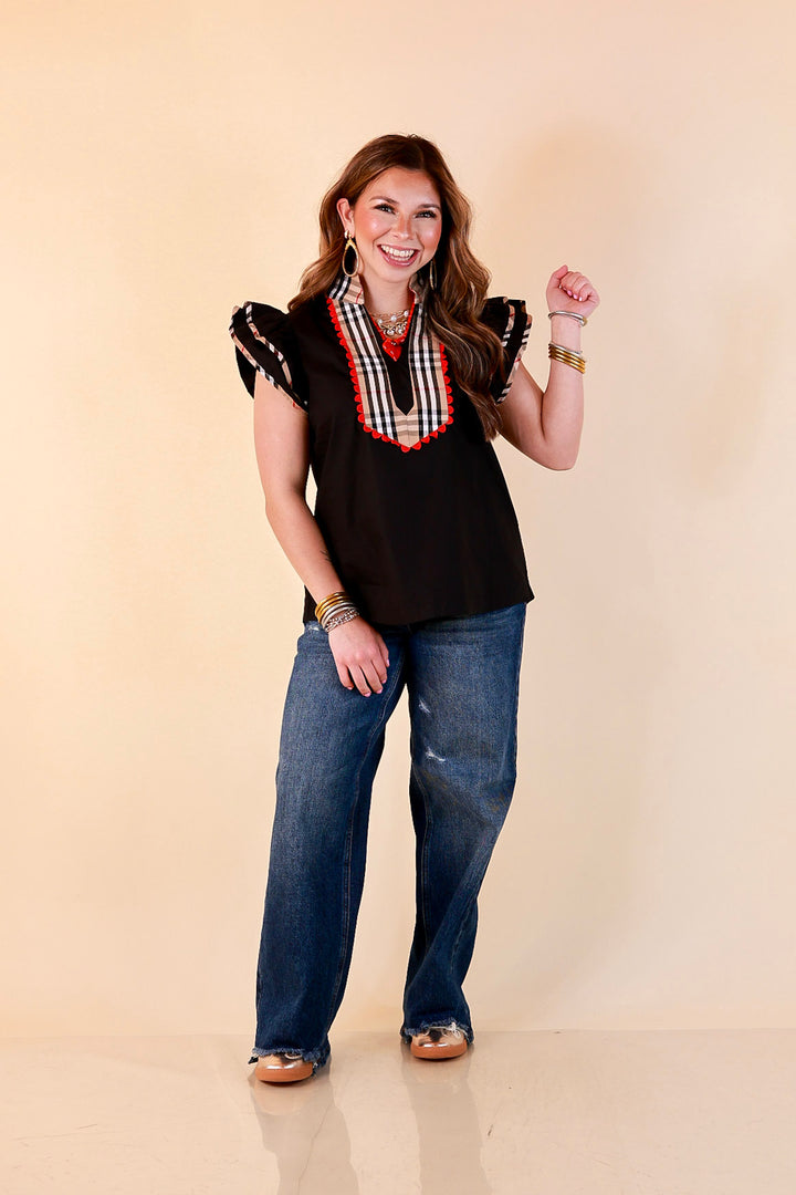 Top Notch plaid trim split neck top with ruffle sleeves in black