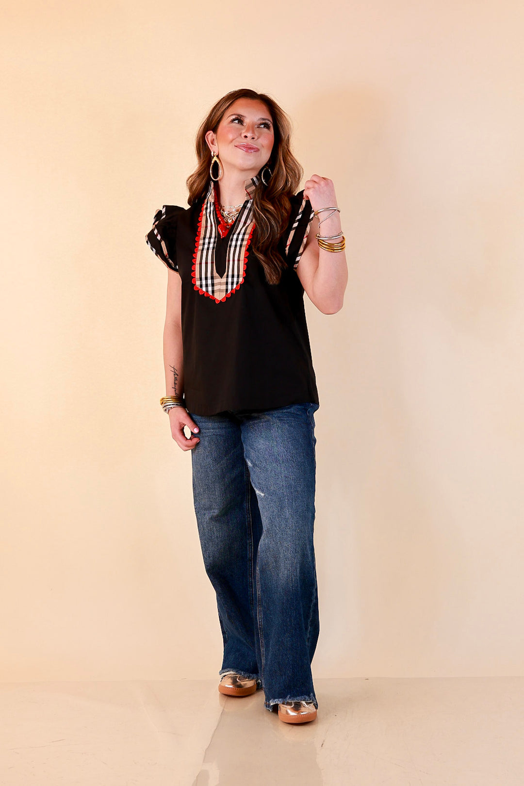 Top Notch plaid trim split neck top with ruffle sleeves in black