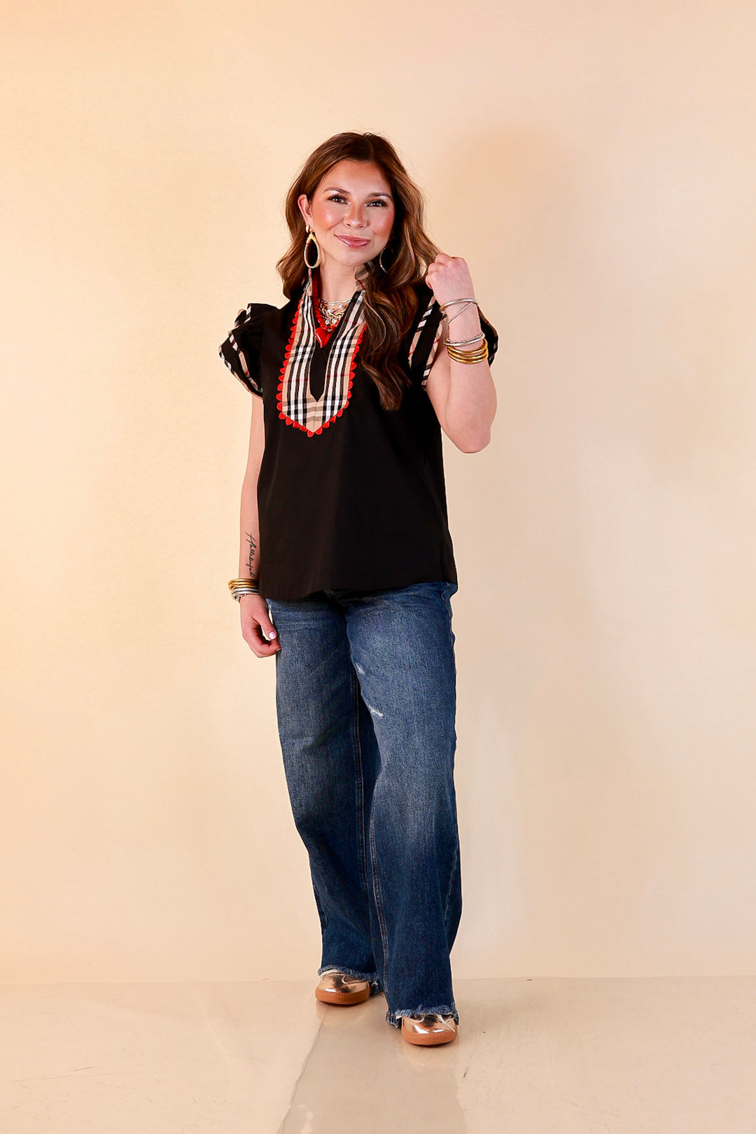 Top Notch plaid trim split neck top with ruffle sleeves in black