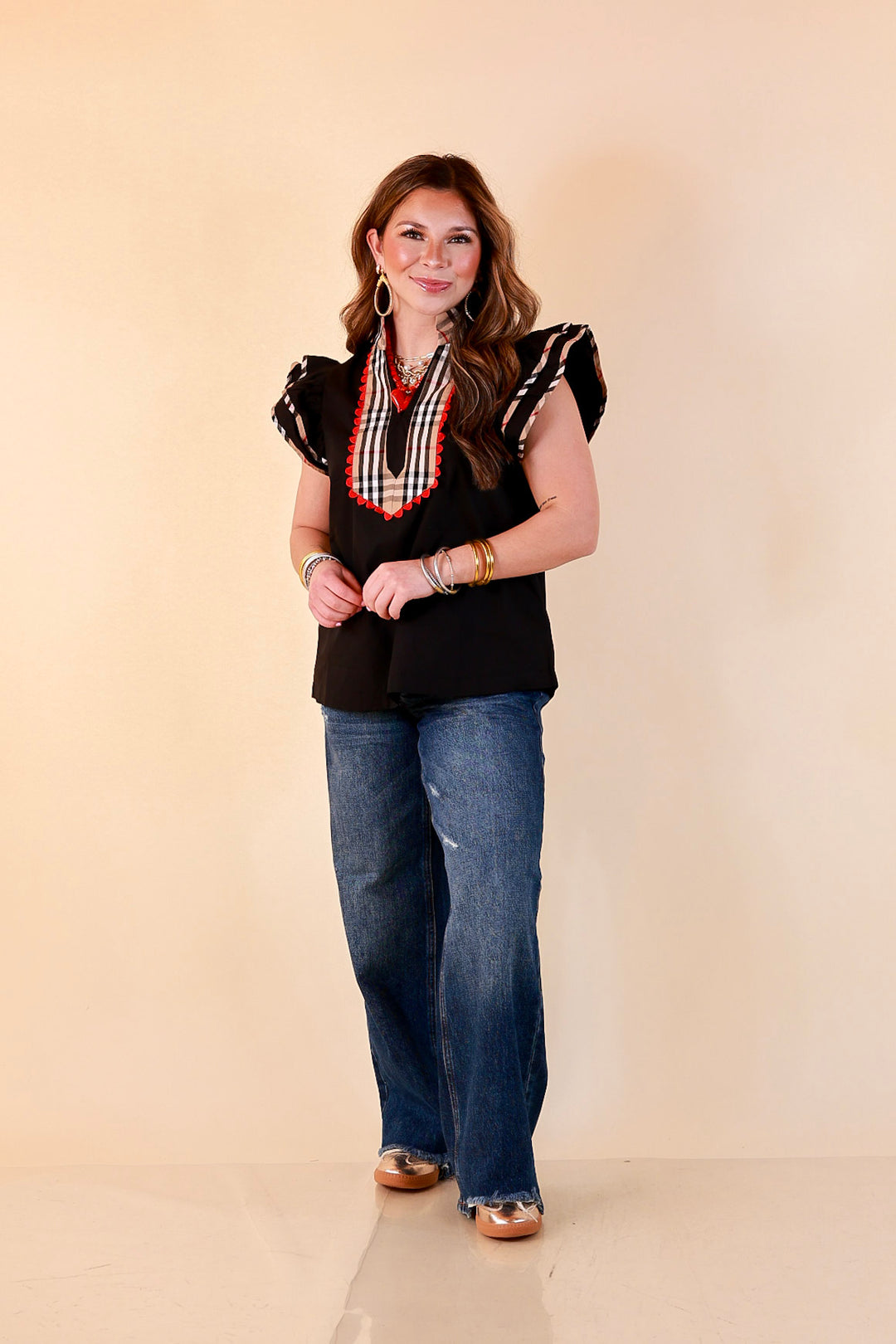 Top Notch plaid trim split neck top with ruffle sleeves in black