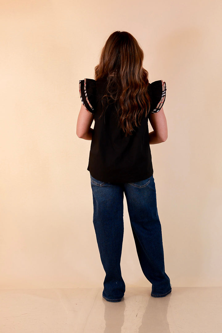 Top Notch plaid trim split neck top with ruffle sleeves in black