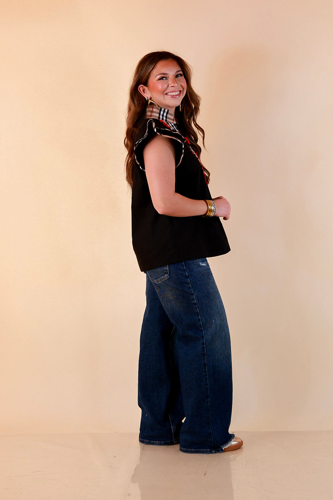 Top Notch plaid trim split neck top with ruffle sleeves in black