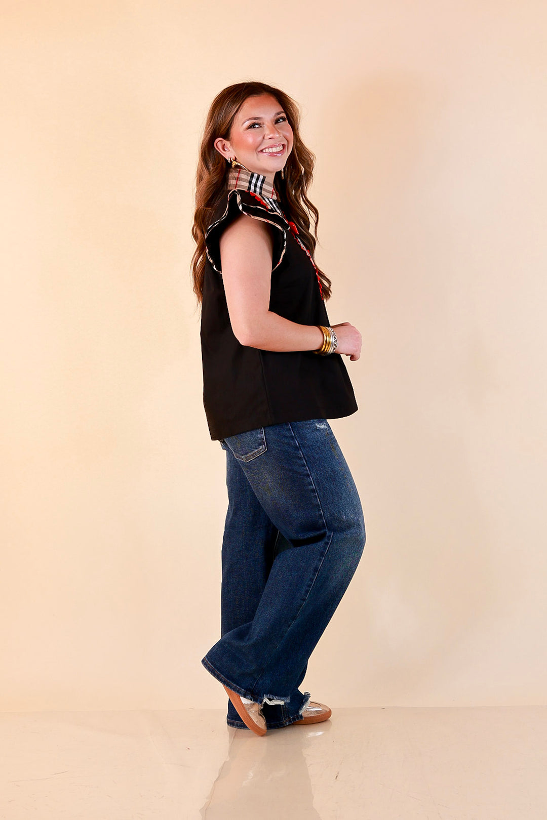 Top Notch plaid trim split neck top with ruffle sleeves in black