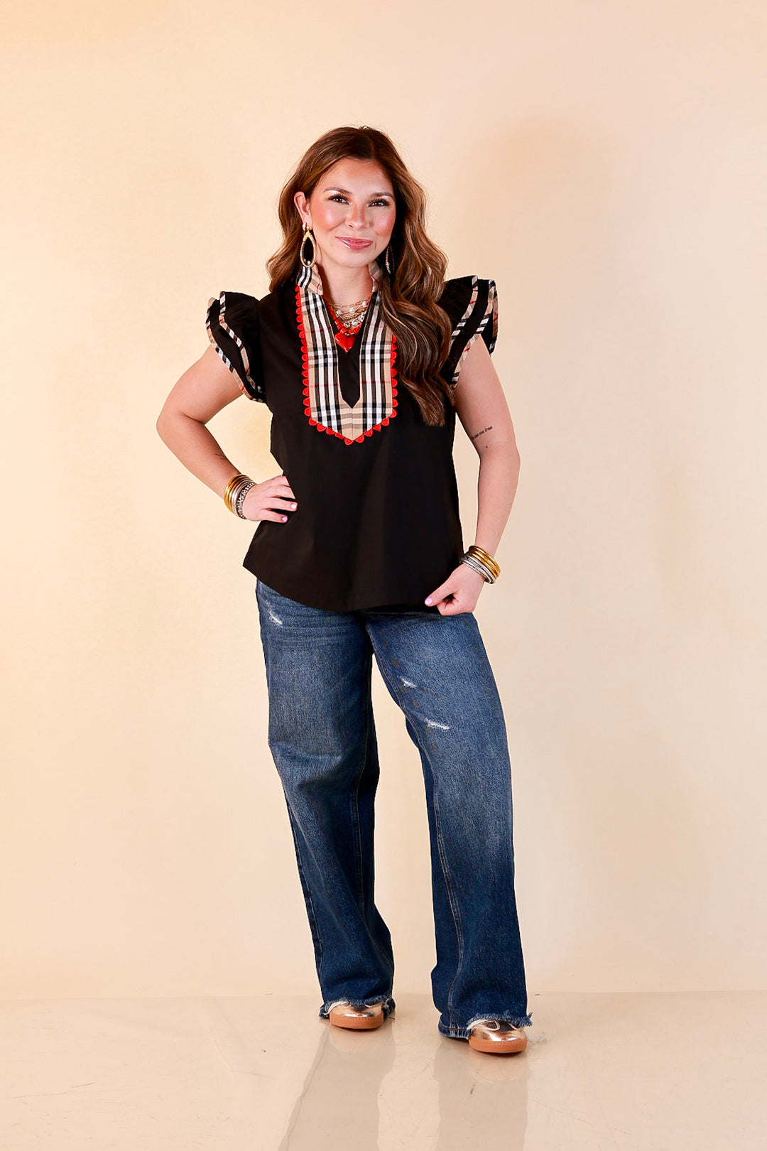 Top Notch plaid trim split neck top with ruffle sleeves in black