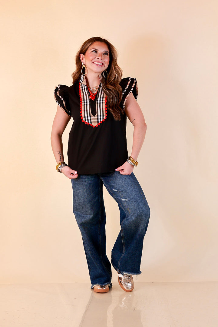 Top Notch plaid trim split neck top with ruffle sleeves in black