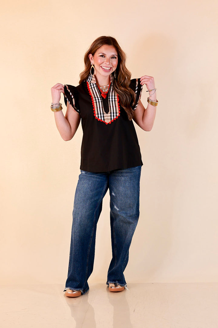 Top Notch plaid trim split neck top with ruffle sleeves in black