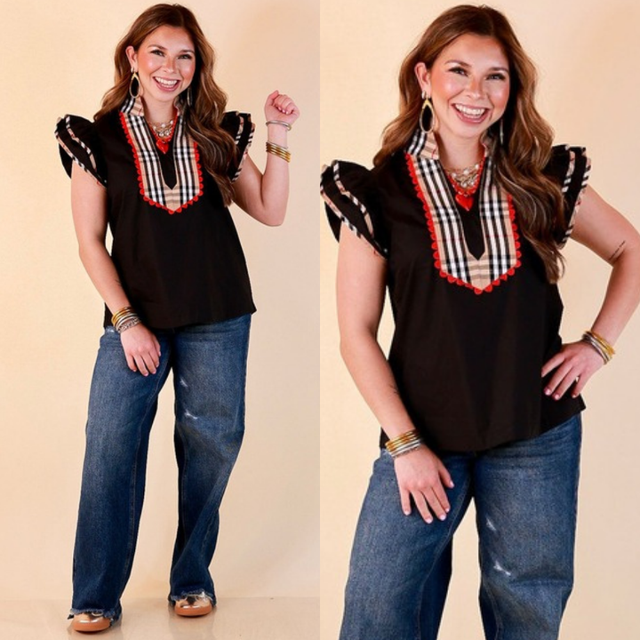 Top Notch plaid trim top in black