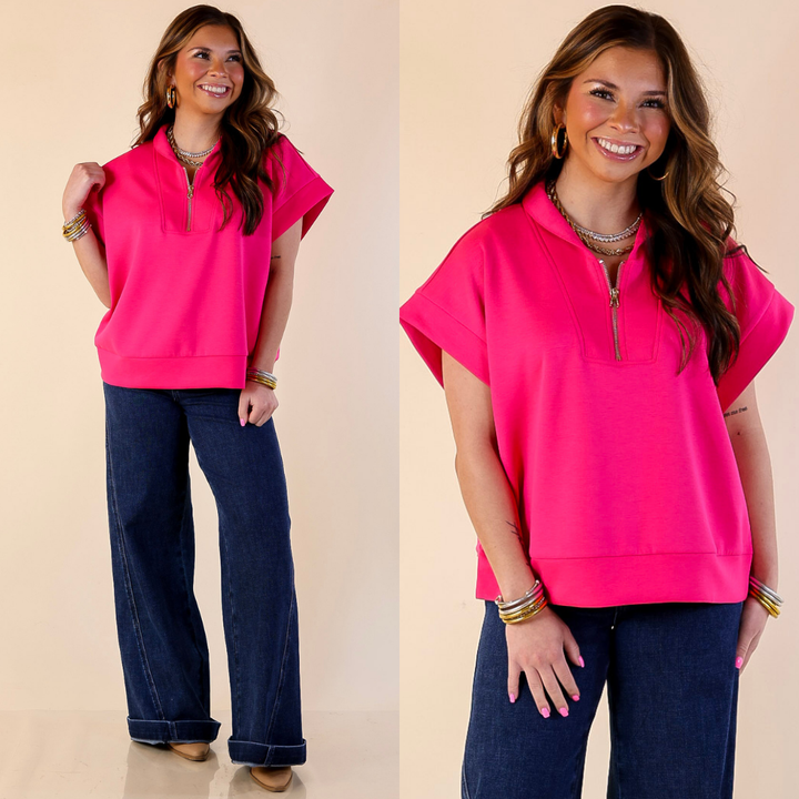 Top Priority Half Zip Collared Scuba Top in Hot Pink