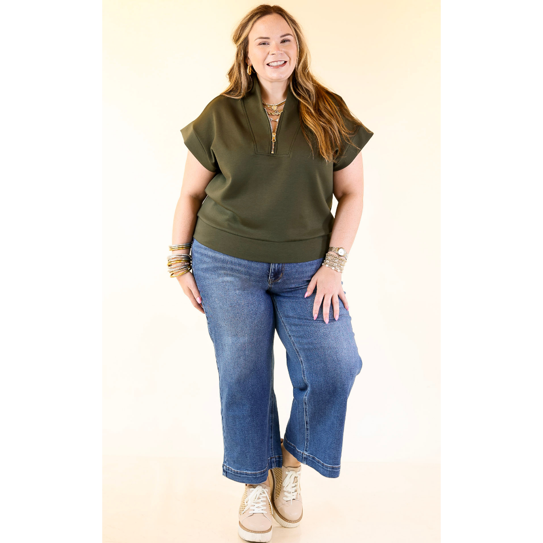 Top Priority Half Zip Collared Scuba Top in Olive Green