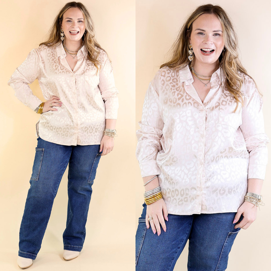 Top It Off Long Sleeve Button Up Satin Leopard Print Top in Ivory