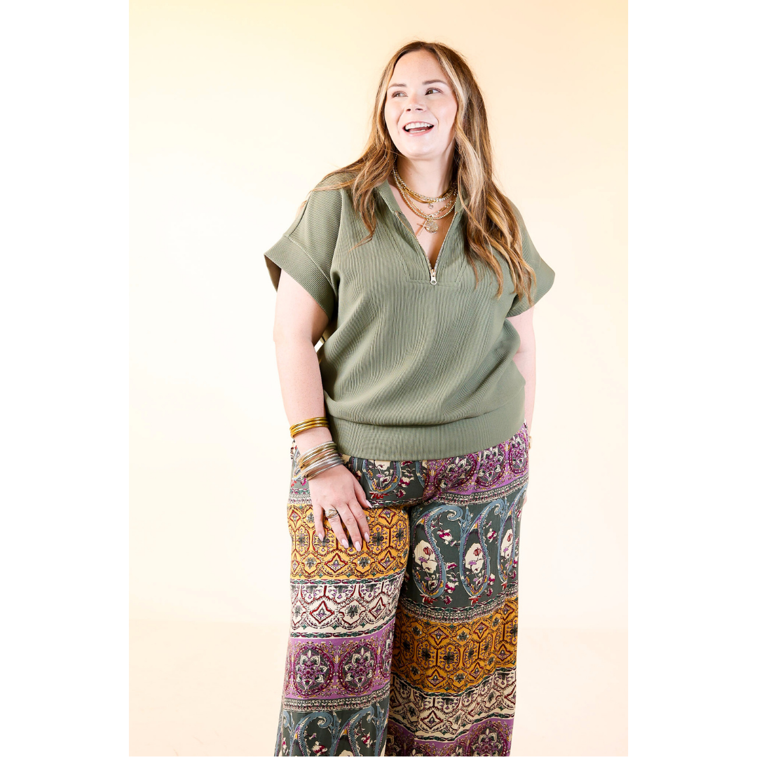 Top Priority Half Zip Collared Ribbed Top in Olive Green